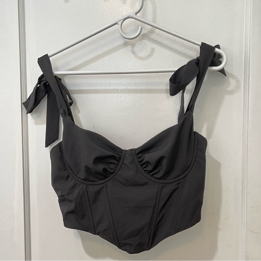 Womens Black Corset Top with Tie Shoulder Straps. Size Large